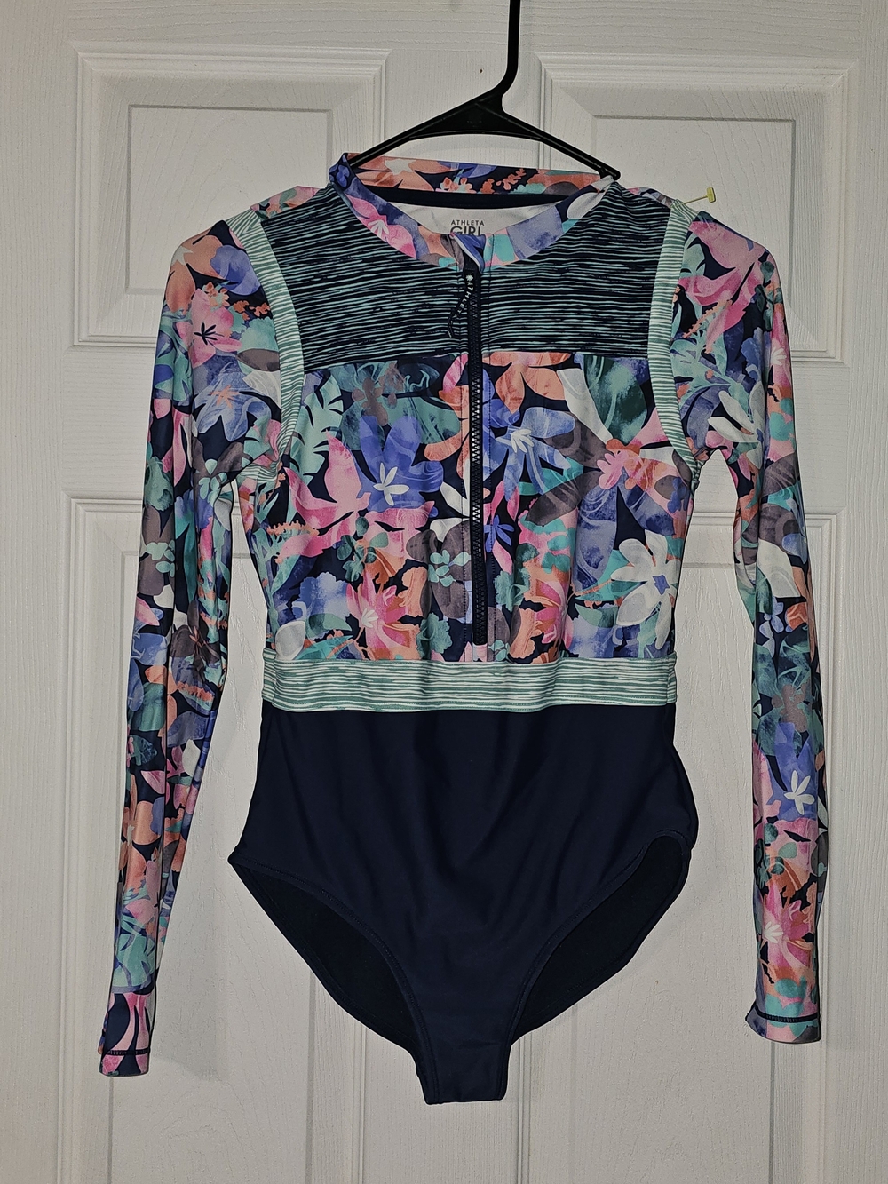 Athleta Girl Navy with Pastel Floral Long Sleeve One-Piece